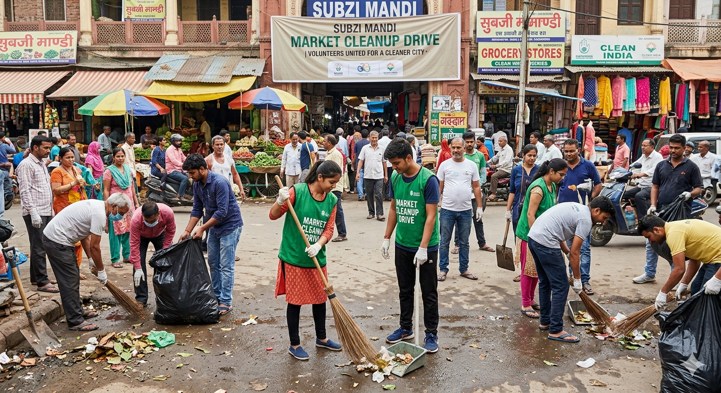 Volunteers collecting waste bags during a street cleanup drive